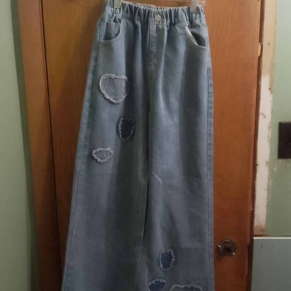 Denim Wide-Leg Jeans with Heart‎ Patches